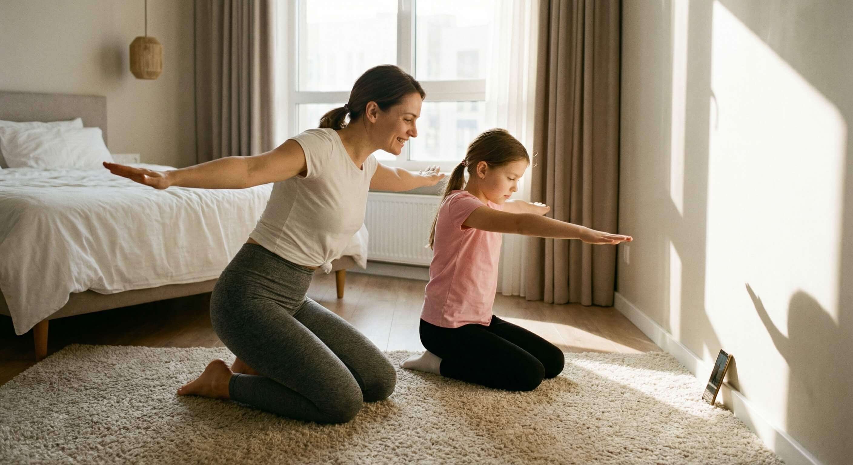 Gyermek és szülő tornázik együtt