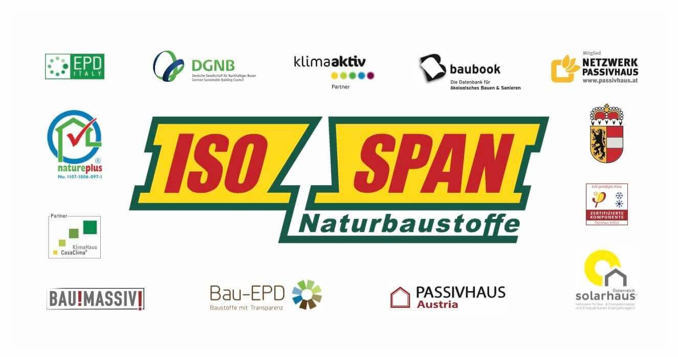 ISO SPAN minősítések: natureplus, klimaaktiv, Passivhaus, DGNB, Bau-EPD, solarhaus, KlimaHaus, baubook, BAU!MASSIV!