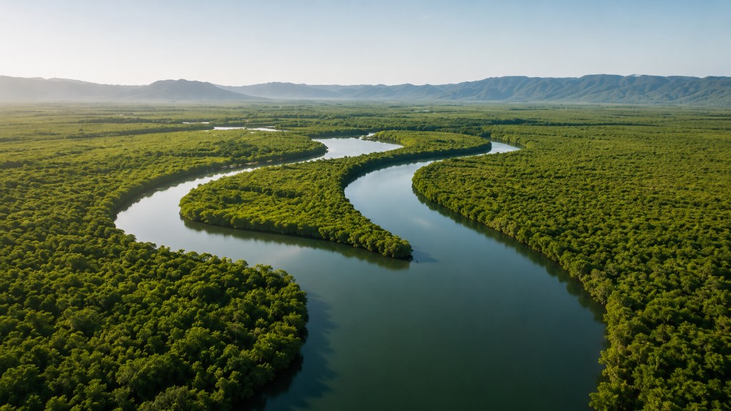 Aerial view of a river winding through dense green forest